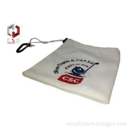 White Velvet Gift Drawstring Bag With Embroidered Logo , Po
